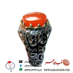 انگشترنفیس عقیق پرتقالی یمنی و رکاب فاخر چنگ برنجی اره کاری شده اذکار یا حسین و یا رقیه