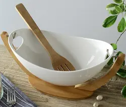 کاسه سالاد سرامیکی به همراه پایه بامبو کد78