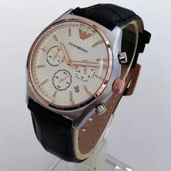 ساعت مچی عقربه‌ای مردانه امپریو آرمانی مدل بندچرمی قاب فلزی تاریخ شمار سه موتور کرنوگراف کد 2