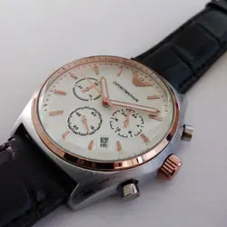 ساعت مچی عقربه‌ای مردانه امپریو آرمانی مدل بندچرمی قاب فلزی تاریخ شمار سه موتور کرنوگراف کد 2