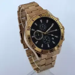 بندفلزی مردانه طلایی صفحه مشکی رنگ ثابت فروش ویژه تاریخ شمار اسپرت و شیک