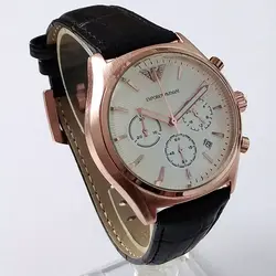 هدیه خاص ساعت مچی عقربه ای مردانه بند چرمی مشکی ساعت شیک روزپدر سه موتوره ضدآب تاریخ شمار