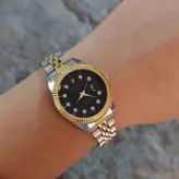 ساعت ست بندفلزی ساعت مچی عقربه ای جفتی رولکس ROLEX طلایی نقره ای نگین دار تک موتور تاریخ دار تاریخ شمار