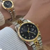 ساعت ست بندفلزی ساعت مچی عقربه ای جفتی رولکس ROLEX طلایی نقره ای نگین دار تک موتور تاریخ دار تاریخ شمار