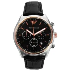 کادو تولد ساعت بند چرمی مردانه مشکی رزگلد امپریوآرمانی سه موتور فعال تاریخ شمار کرنوگراف ارسال رایگان