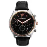 کادو تولد ساعت بند چرمی مردانه مشکی رزگلد امپریوآرمانی سه موتور فعال تاریخ شمار کرنوگراف ارسال رایگان