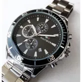 بندفلزی مردانه سه موتوره فعال نقره ای صفحه مشکی رنگ ثابت فروش ویژه تاریخ شمار اسپرت و شیک