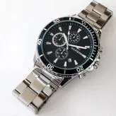 بندفلزی مردانه سه موتوره فعال نقره ای صفحه مشکی رنگ ثابت فروش ویژه تاریخ شمار اسپرت و شیک