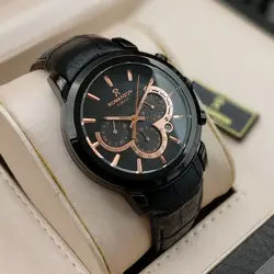 ساعت رومانسون مردانه بندچرمی فیکس قفل کلیپسی سه موتور فعال کرنوگراف ضدآب تاریخ شمار زیبا مشکی رزگلد