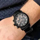 ساعت رومانسون مردانه بندچرمی فیکس قفل کلیپسی سه موتور فعال کرنوگراف ضدآب تاریخ شمار زیبا مشکی رزگلد