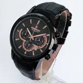 ساعت رومانسون مردانه بندچرمی فیکس قفل کلیپسی سه موتور فعال کرنوگراف ضدآب تاریخ شمار زیبا مشکی رزگلد