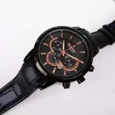 ساعت رومانسون مردانه بندچرمی فیکس قفل کلیپسی سه موتور فعال کرنوگراف ضدآب تاریخ شمار زیبا مشکی رزگلد