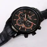 ساعت رومانسون مردانه بندچرمی فیکس قفل کلیپسی سه موتور فعال کرنوگراف ضدآب تاریخ شمار زیبا مشکی رزگلد