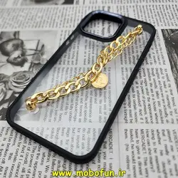 قاب گوشی iPhone 14 Pro Max آیفون اورجینال متال کیس Metal طرح پشت طلق شفاف دور سیلیکونی دستبندی کارتیر مشکی طلایی کد 97