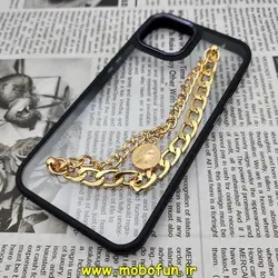 قاب گوشی iPhone 14 آیفون اورجینال متال کیس Metal طرح پشت طلق شفاف دور سیلیکونی دستبندی کارتیر مشکی طلایی کد 42