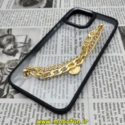 قاب گوشی iPhone 13 Pro Max آیفون اورجینال متال کیس Metal طرح پشت طلق شفاف دور سیلیکونی دستبندی کارتیر مشکی طلایی کد 367