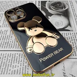 قاب گوشی iPhone 14 Pro Max آیفون طرح ژله ای مای کیس خرس طلایی تدی برجسته POWER BEAR محافظ لنز دار مشکی کد 57
