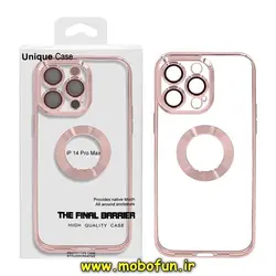 قاب گوشی iPhone 14 Pro Max آیفون طرح الکتروپلیتینگ مگ سیف ژله ای شفاف اورجینال یونیک کیس Unique Case محافظ لنز دار رزگلد کد 50
