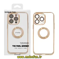 قاب گوشی iPhone 14 Pro آیفون طرح الکتروپلیتینگ مگ سیف ژله ای شفاف اورجینال یونیک کیس Unique Case محافظ لنز دار طلایی کد 27
