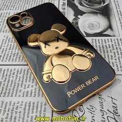 قاب گوشی iPhone 14 Max آیفون طرح ژله ای مای کیس خرس طلایی تدی برجسته POWER BEAR محافظ لنز دار مشکی کد 14