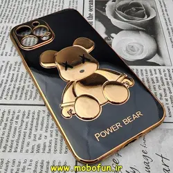 قاب گوشی iPhone 12 Pro Max آیفون طرح ژله ای مای کیس خرس طلایی تدی برجسته POWER BEAR محافظ لنز دار مشکی کد 446