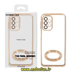 قاب گوشی Galaxy A23 4G سامسونگ طرح الکتروپلیتینگ مگ سیف ژله ای شفاف اورجینال یونیک کیس Unique Case محافظ لنز دار طلایی کد 216