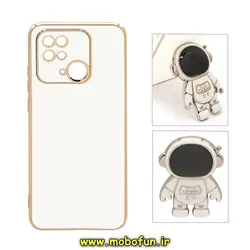 قاب گوشی Xiaomi Redmi 10C - Poco C40 شیائومی طرح ژله ای فضانورد مای کیس گلد لاین دور طلایی محافظ لنز دار سفید کد 82