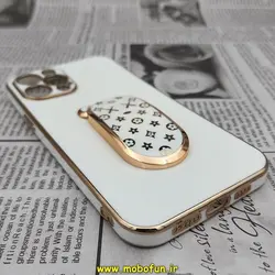 قاب گوشی iPhone 13 Pro Max آیفون طرح ژله ای مای کیس گلد لاین دور طلایی پاپ سوکت دار خرسی محافظ لنز دار سفید کد 196