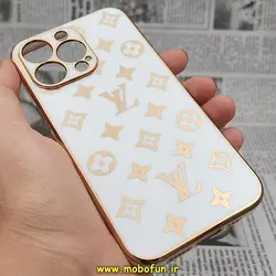 قاب گوشی iPhone 13 Pro آیفون طرح ژله ای مای کیس گلد لاین دور طلایی طرح لویی ویتون LV محافظ لنز دار سفید کد 180