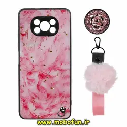 قاب گوشی Poco X3 NFC - Poco X3 Pro پوکو شیائومی طرح ماربل محافظ لنز دار به همراه بند پام پام و پاپ سوکت الماسی صورتی کد 766