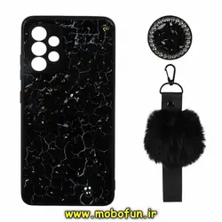 قاب گوشی Galaxy A23 4G سامسونگ طرح ماربل محافظ لنز دار به همراه بند پام پام و پاپ سوکت الماسی مشکی کد 44