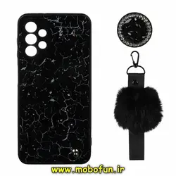 قاب گوشی Galaxy A13 4G سامسونگ طرح ماربل محافظ لنز دار به همراه بند پام پام و پاپ سوکت الماسی مشکی کد 63