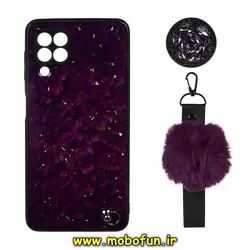 قاب گوشی Galaxy A12 سامسونگ طرح ماربل محافظ لنز دار به همراه بند پام پام و پاپ سوکت الماسی بنفش کد 590