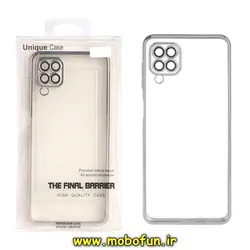 قاب گوشی Galaxy A12 سامسونگ طرح الکتروپلیتینگ ژله ای شفاف اورجینال یونیک کیس Unique Case محافظ لنز دار نقره ای کد 576