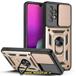 قاب گوشی Galaxy A33 5G سامسونگ طرح ضد ضربه بتمن فول ژله ای هولدر دار محافظ لنز دار کشویی پنجره ای طلایی کد 38