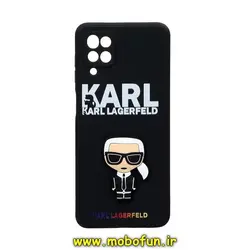 قاب گوشی Galaxy A12 سامسونگ طرح سیلیکونی ژله ای سه بعدی برجسته کارل لاگرفلد Karl Otto Lagerfeld محافظ لنز دار مشکی کد 413
