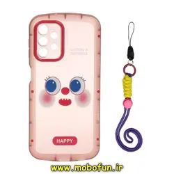 قاب گوشی Galaxy A13 4G سامسونگ طرح ژله ای شفاف بالشتی شاد HAPPY محافظ لنز دار صورتی آویزدار کد 358