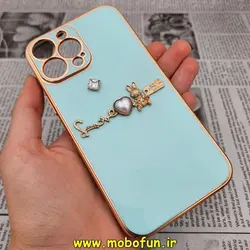 قاب گوشی iPhone 13 Pro Max آیفون طرح ژله ای مای کیس گلد لاین دور طلایی عروسکی مرواریدی محافظ لنز دار سبز آبی کد 378