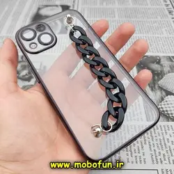 قاب گوشی iPhone 13 آیفون طرح الکتروپلیتینگ ژله ای شفاف اورجینال دستبندی کارتیر محافظ لنز دار مشکی کد 380