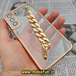 قاب گوشی Galaxy S21 FE سامسونگ طرح الکتروپلیتینگ ژله ای شفاف اورجینال دستبندی کارتیر محافظ لنز دار طلایی کد 320