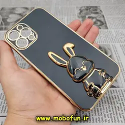 قاب گوشی iPhone 12 Pro Max آیفون طرح ژله ای خرگوشی استندشو مای کیس گلد لاین دور طلایی محافظ لنز دار مشکی کد 518