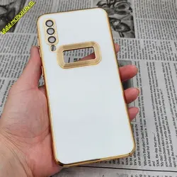 قاب گوشی Galaxy A30S - Galaxy A50S - Galaxy A50 سامسونگ طرح ژله ای مای کیس مگ سیف Magsafe گلد لاین دور طلایی محافظ لنز دار شیشه ای سفید کد 866