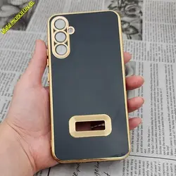 قاب گوشی Galaxy A34 5G سامسونگ طرح ژله ای مای کیس مگ سیف Magsafe گلد لاین دور طلایی محافظ لنز دار شیشه ای مشکی کد 6