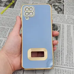 قاب گوشی Galaxy A12 - Galaxy M12 - Galaxy F12 سامسونگ طرح ژله ای مای کیس مگ سیف Magsafe گلد لاین دور طلایی محافظ لنز دار شیشه ای آبی فیلی کد 1077
