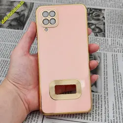 قاب گوشی Galaxy A12 - Galaxy M12 - Galaxy F12 سامسونگ طرح ژله ای مای کیس مگ سیف Magsafe گلد لاین دور طلایی محافظ لنز دار شیشه ای گلبهی کد 1076