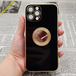 قاب گوشی iPhone 12 Pro Max آیفون طرح ژله ای مای کیس مگ سیف Magsafe گلد لاین دور طلایی محافظ لنز دار شیشه ای مشکی کد 537