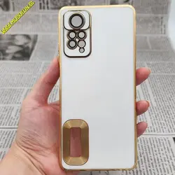 قاب گوشی Redmi Note 11 Pro Global 4G - Redmi Note 11 Pro Global 5G شیائومی طرح ژله ای مای کیس مگ سیف Magsafe گلد لاین دور طلایی محافظ لنز دار شیشه ای سفید کد 416