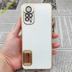 قاب گوشی Redmi Note 11 4G - Redmi Note 11S شیائومی طرح ژله ای مای کیس مگ سیف Magsafe گلد لاین دور طلایی محافظ لنز دار شیشه ای سفید کد 564