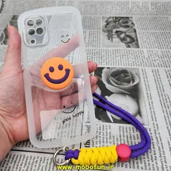 قاب گوشی Galaxy A12 سامسونگ طرح ژله ای شفاف بالشتی لبخند شاد HAPPY محافظ لنز دار بی رنگ آویزدار کد 1083