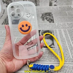 قاب گوشی iPhone 12 Pro Max آیفون طرح ژله ای شفاف بالشتی لبخند شاد HAPPY محافظ لنز دار بی رنگ آویزدار کد 544